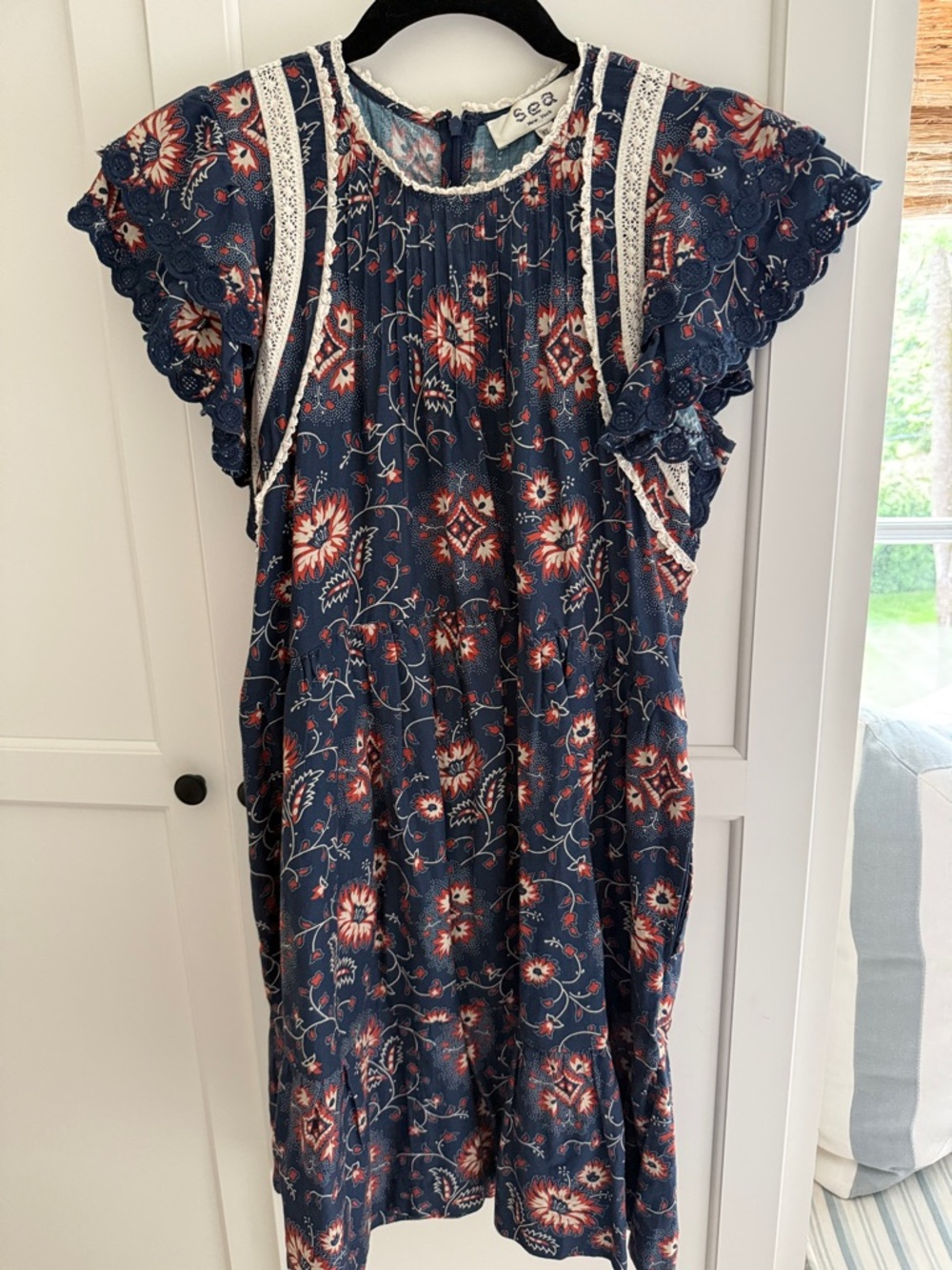 Sea New York Navy Floral Lace-Trim Dress with Burnt Orange Accents